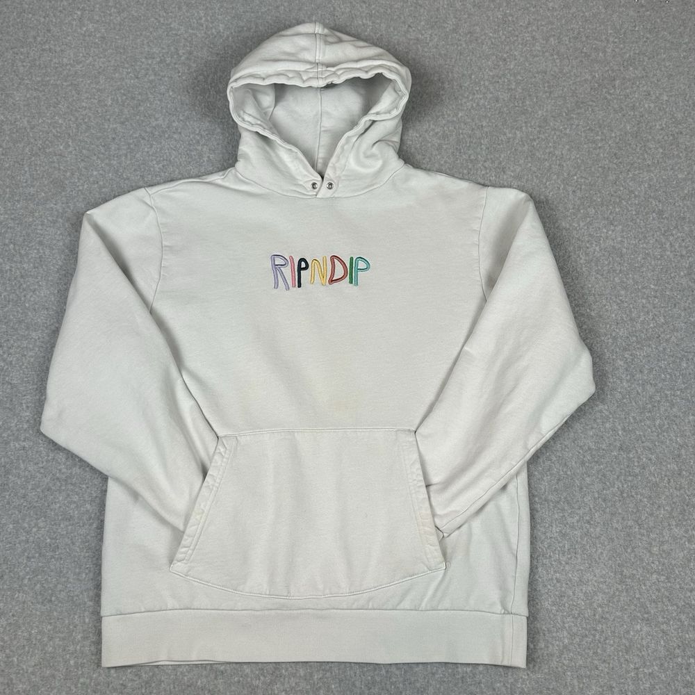 Ripndip Hoodie Men M White Sweatshirt Embroidered Rainbow Spellout Logo Kangaroo